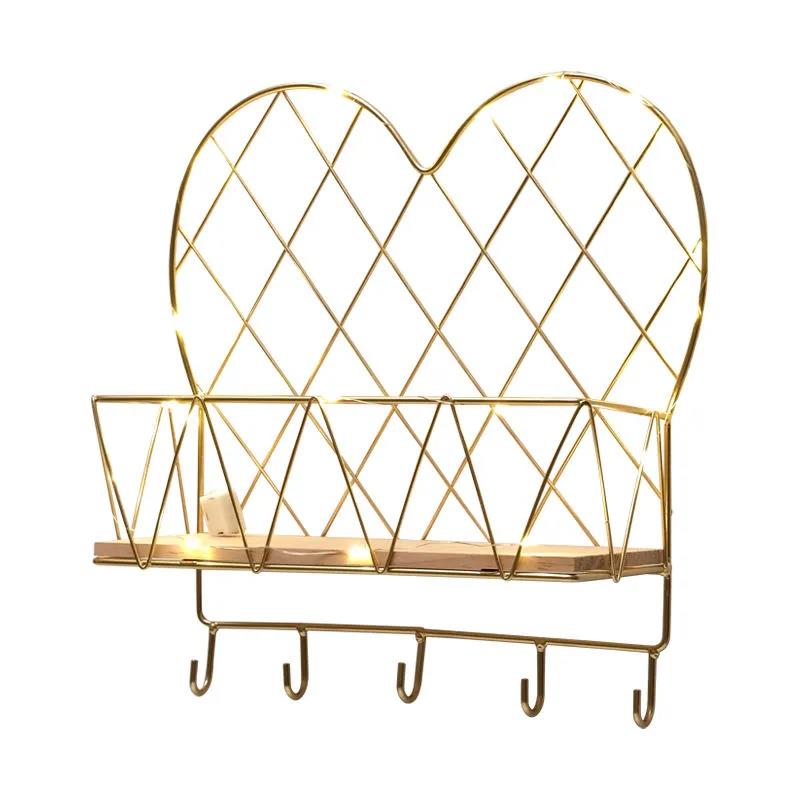5 Shape Storage Rack Home Punch-free Storage Rack Metal Solid Wood Waterproof Display Stand with Light Strip