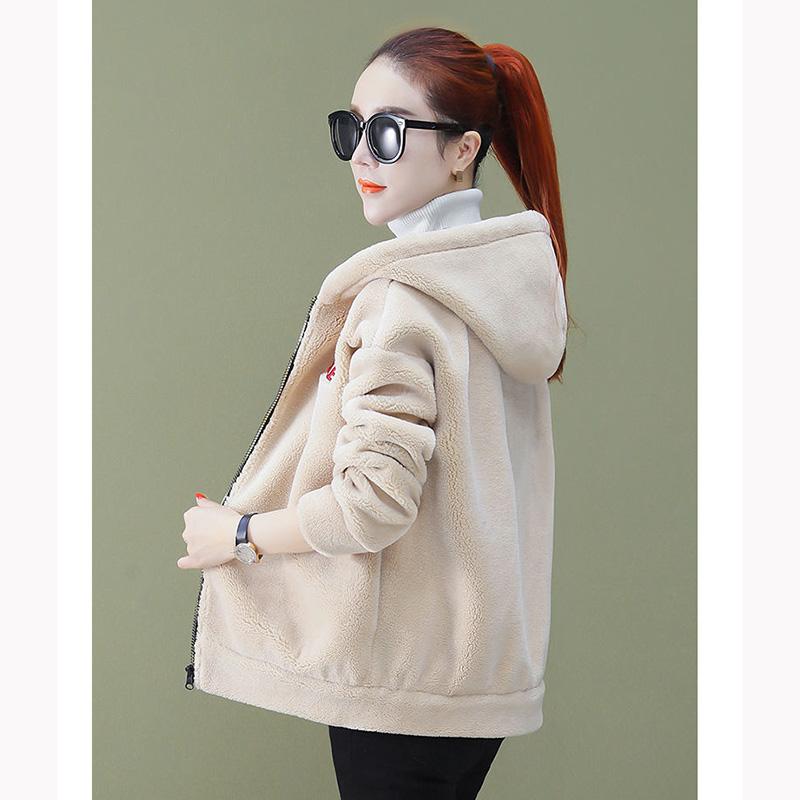 Fleece Thickened Faux Lamb Wool Coat Women's Short Korean Style Loose Autumn and Winter Hooded Top