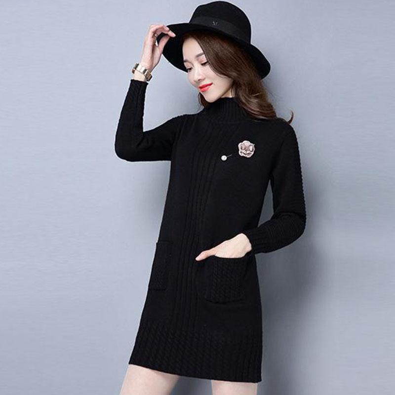 Women's Long Knit Sweater Winter Loose Pullover Sweater Turtleneck Thick Sweater Skirt with Pockets
