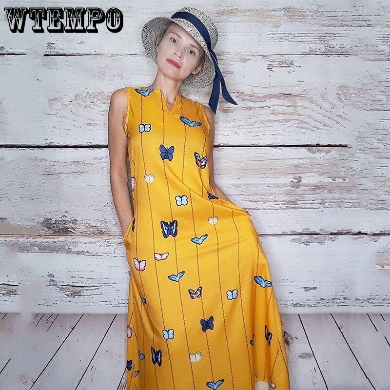Long Boho Dress Women Butterfly Printed Summer Sleeveles V Neck Plus Size Dresses Maxi Casual Loose Vestidos