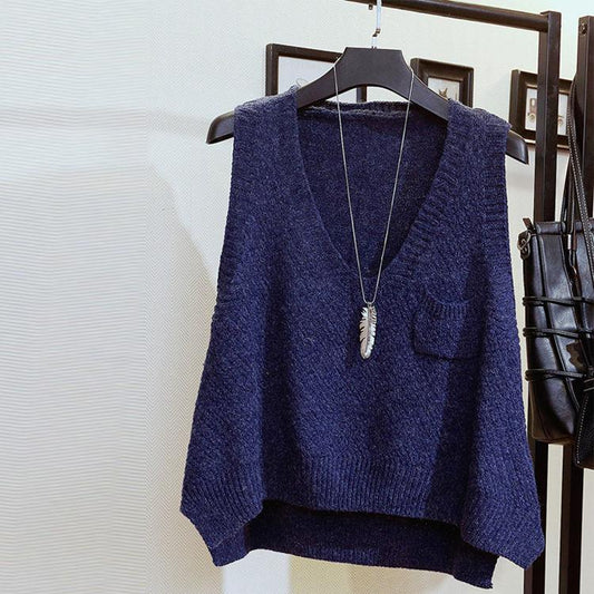 Spring and Autumn Short Loose Waistcoat College Style Knit Solid Color Waistcoat Pocket Sleeveless Sweater Women