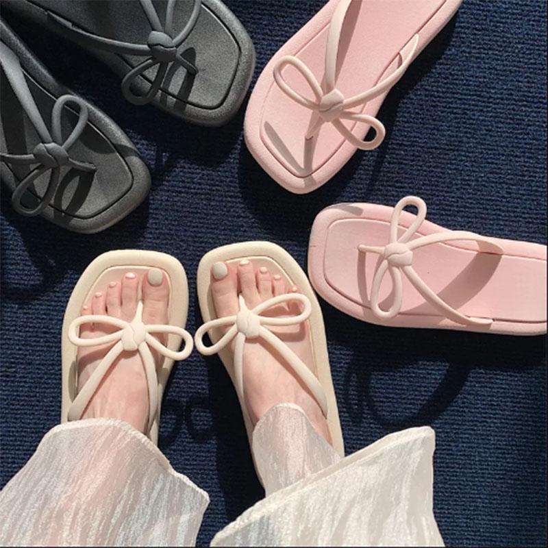Fairy Wind Bow Flip-flops Female Summer Solid Color Outer Wear Soft Bottom Seaside Clip-on Beach Sandals and Slippers