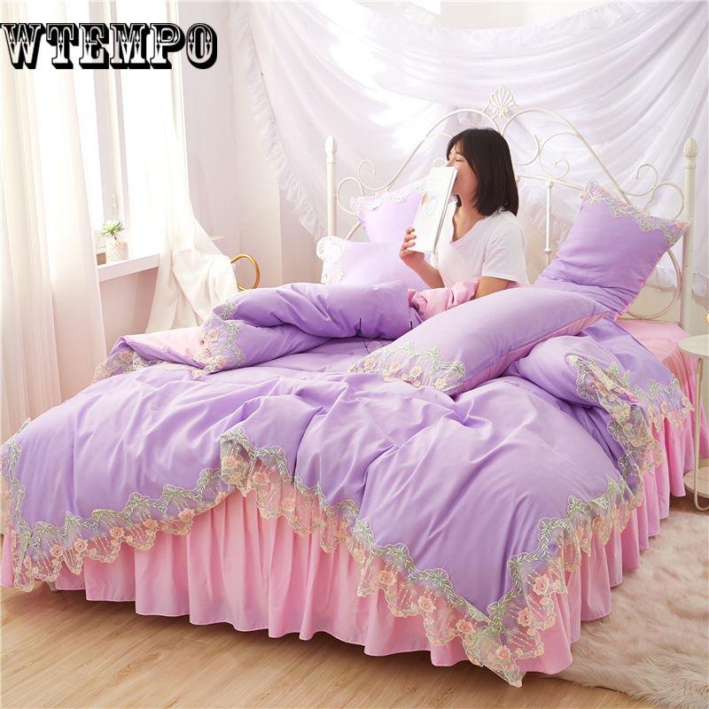Princess Style Duvet Cover Set Cotton Bedding Sets Girls Cute Lace Bed Skirt Bedding Sets