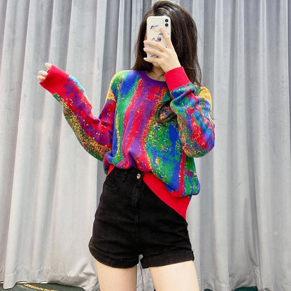 Autumn Winter Korean Knitwear Color Contrast Gradient Color Sweater Women Loose Round Neck Pullover Sweater All-match Soft Base Sweater Outer Wear