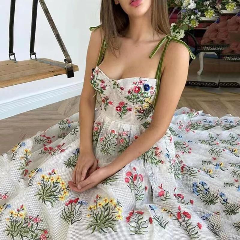 Suspender Printing Dress Women Summer Sexy Waist Cross Belt Backless Suspender Dresses