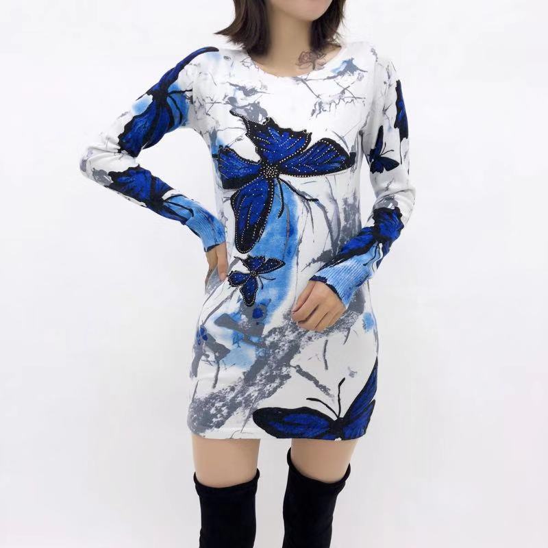 Women's Cashmere Sweater Printing Mid-length Wool Sweater  Large Size Knit Sweater Dress Women's Bottoming Dress Fall Winter