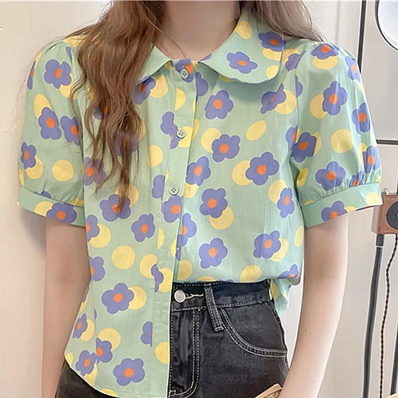 Short Sleeve T-shirt Women's Summer Loose Doll Collar Printed All-match Top