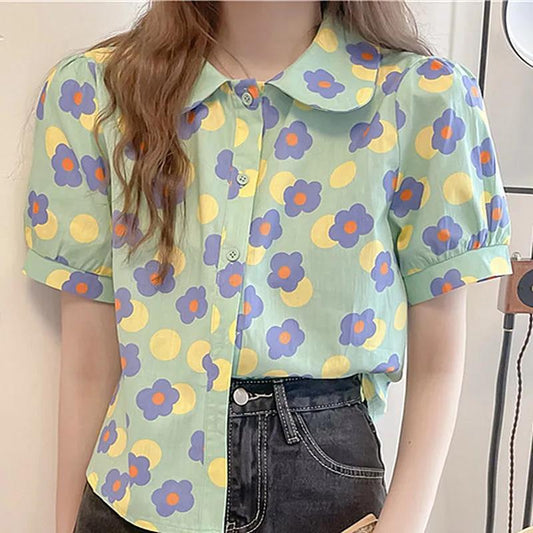 Short Sleeve T-shirt Women's Summer Loose Doll Collar Printed All-match Top