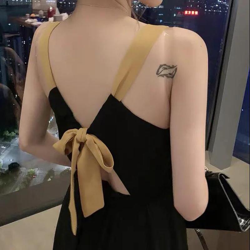 Black Sexy S-XL Women's Chiffon Dress Backless Bowknot Sleeveless Solid Color Elastic Waist Mid-calf Daily Wear Office Dating Party