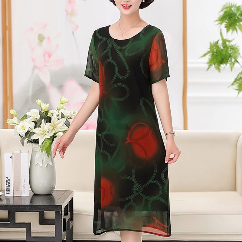 Middle-aged and Elderly Women's Summer Dress Large Size Chiffon Print Round Neck Short Sleeve Skirt