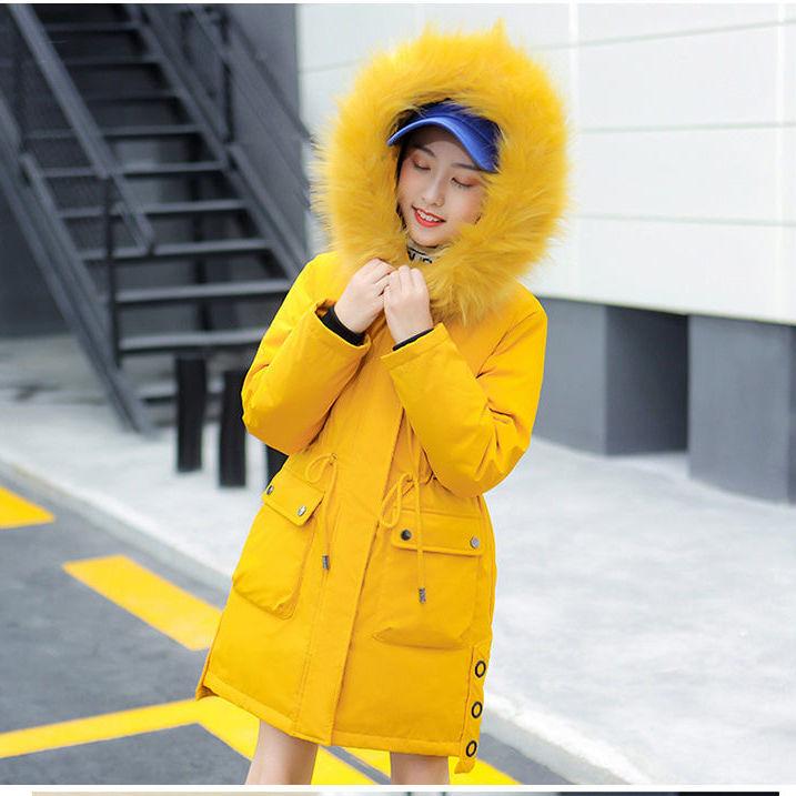 Fashion Girls Cotton Winter Thickening Plus Velvet Pike Clothing Mid-length Fur Collar Kids Winter Parkas