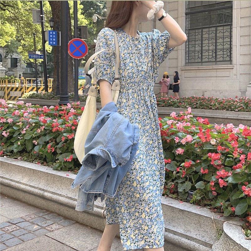 Women's Summer Long Dress Round Neck Puff Sleeve Floral Dress