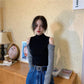 Contrasting Color Off-shoulder Short Knit Sweater Long-sleeved Top Slim Cropped Bottoming Shirt Spring and Autumn Fashion Top