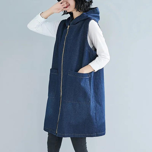 Large Size Denim Vest Women Spring and Autumn New Mid-length Casual Loose Hooded Waistcoat Jacket Hooded Zipper Jacket