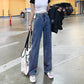 Blue Vintage High Waist Jeans Women Detail Wide Leg Denim Trousers Ladies Solid Casual Jeans