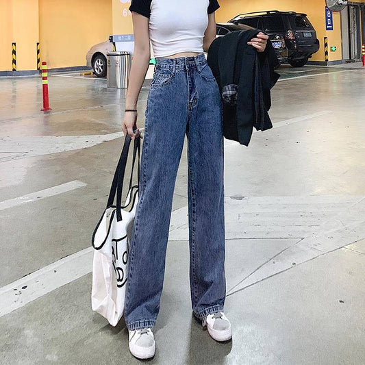 Blue Vintage High Waist Jeans Women Detail Wide Leg Denim Trousers Ladies Solid Casual Jeans