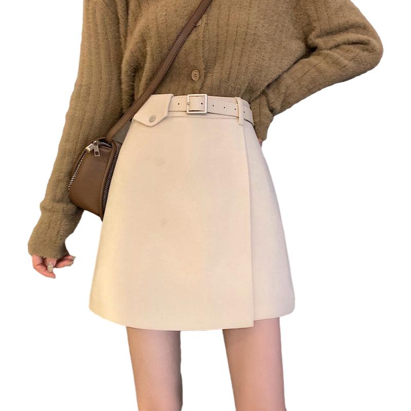 Woolen Cloth Women Sexy Tight A-line High Waist Hip Skirt Short Skirt Belt Split Fork Zipper Club Casual Home Office