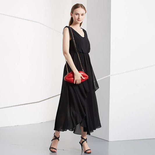 Fashion Summer Chiffon Dress Sleeveless V-neck Irregular Pleated Ruffled Dress Long Party Dress
