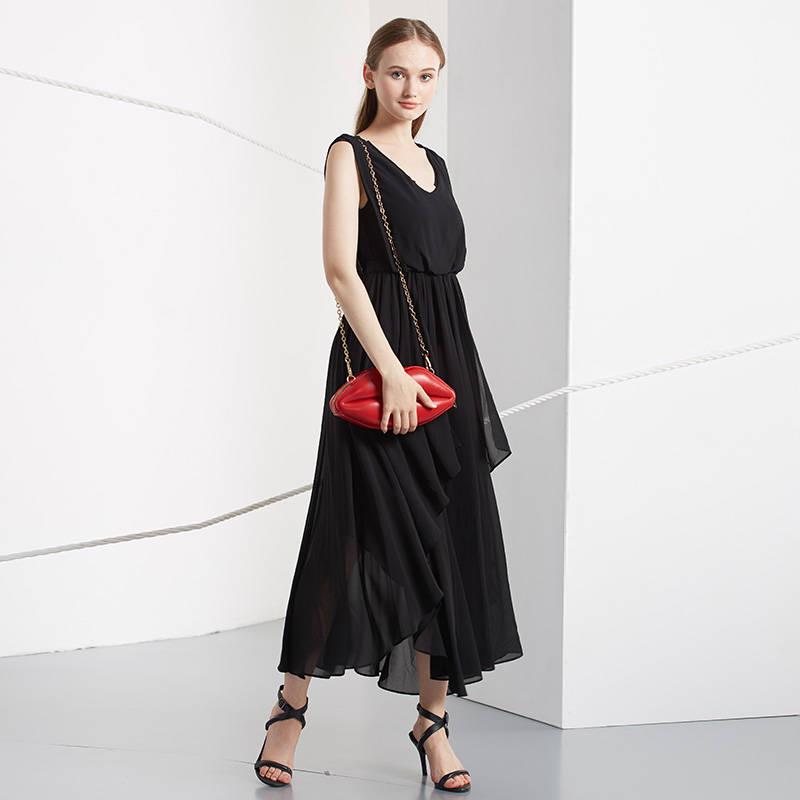 Pofulove Summer Chiffon Dress Sleeveless V-neck Irregular Pleated Ruffled Dress Long party Dress