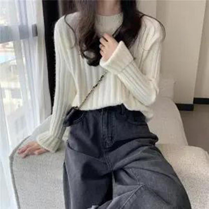 Autumn  Winter  Knitted Pullover Round Neck Versatile Thick Warm Woolen Sweater Bottoming Shirt  Vertical Stripes Loose