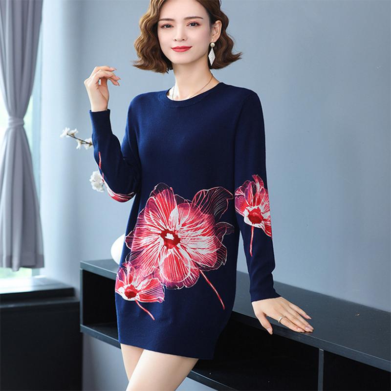 Autumn and Winter Knitted Dress Fashion Printing Base Skirt Loose and Thin Mid-length Sweater
