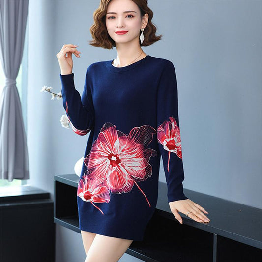 Autumn and Winter Knitted Dress Fashion Printing Base Skirt Loose and Thin Mid-length Sweater