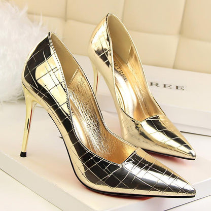 Spring Autumn Pointed Toe French Girl Silver High Heels Women Stiletto All-match Patent Leather Single Shoes