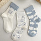 Three Pairs of Women's Tube Socks Pure Cotton Blue Couple Socks Blue College Style Socks