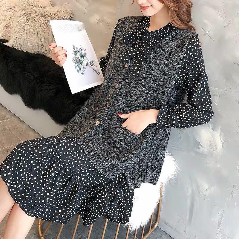 Set Female Autumn and Winter Polka Dot Chiffon Dress + Loose Knitted Sweater Vest Vest Two-piece Suit Can Be Worn with A Coat