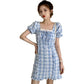 Female Spring and Summer Simple and Gentle Waist Close Show Thin Bubble Sleeve Lattice French Niche Dress