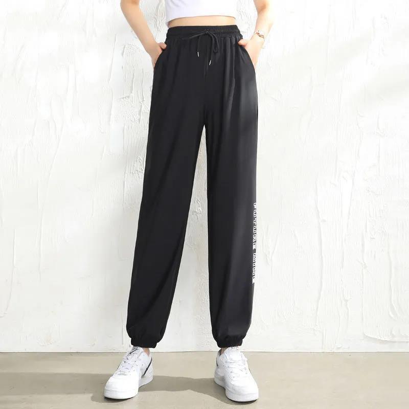 Summer Thin Letter Printing Ice Silk Casual Pants Women Loose and Thin Waist Nine-point Black Harlan Sweatpants