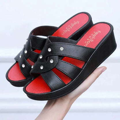 Ladies High Heel Slippers Summer Thick Bottom Home Outdoor Non-slip Slippers Women Summer Shoes Soft Bottom Wedge Heel Rhinestone Sandals