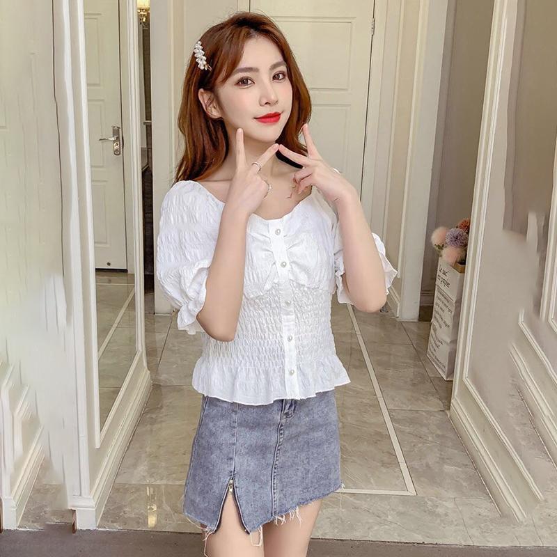 One-shoulder Puff Sleeve Shirt Women's Short-sleeved Waist Short Shirt Tops Women's Sweet Sexy Fabrics Comfortable Light and Breathable