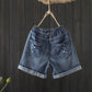 Summer High Waist Was Thin and Thin Casual Casual Hole Straight Denim Shorts Elastic Waist Embroidered Denim Shorts Women Loose Shorts