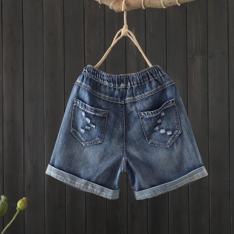 Summer High Waist Was Thin and Thin Casual Casual Hole Straight Denim Shorts Elastic Waist Embroidered Denim Shorts Women Loose Shorts