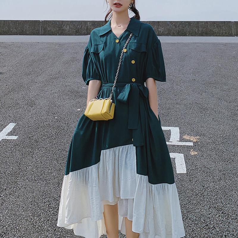 Mid-calf S-XL T-shirt Dress with Belt Loose Turn-down Collar Casual Irregular Ruffle Hem Dress