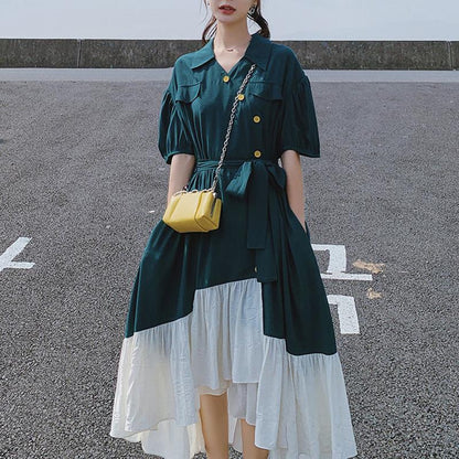 Mid-calf S-XL T-shirt Dress with Belt Loose Turn-down Collar Casual Irregular Ruffle Hem Dress