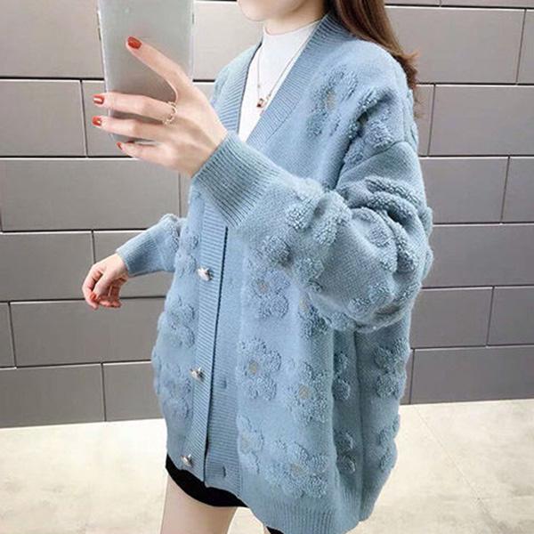 Mid-length Autumn and Winter Top Loose Casual Knit Cardigan Long-sleeved V-neck Sweater