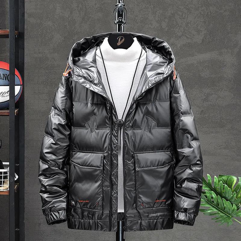 Winter Warm Hooded Jacket Men Plus Velvet Thick Short Shiny Down Jacket