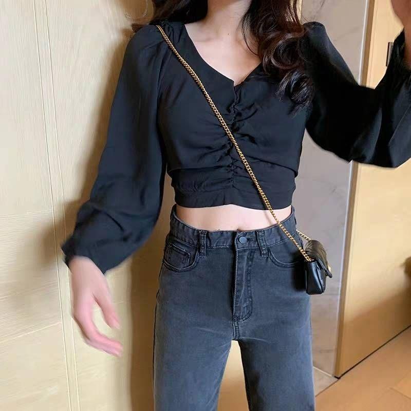 Puff sleeve T-Shirts for Women's Fall New White Solid Long Sleeve V-Neck Casual Harajuku Tops Female Tee