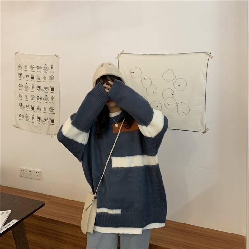 Pofulove Winter Korean Lazy Color-matching Sweater Female Loose Wild Mid-length Pullover Sweater
