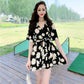 Two-piece Women's Dress Shorts V-neck Short-sleeved Shirt Suit Women's Chiffon Dress A-line Dress with Waist Slimming Chiffon Fabric