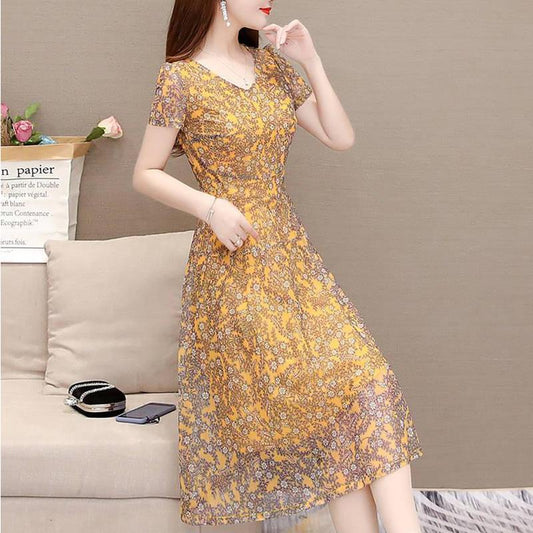 Floral Dress Women Summer A-line Dresses Long V-neck Veil