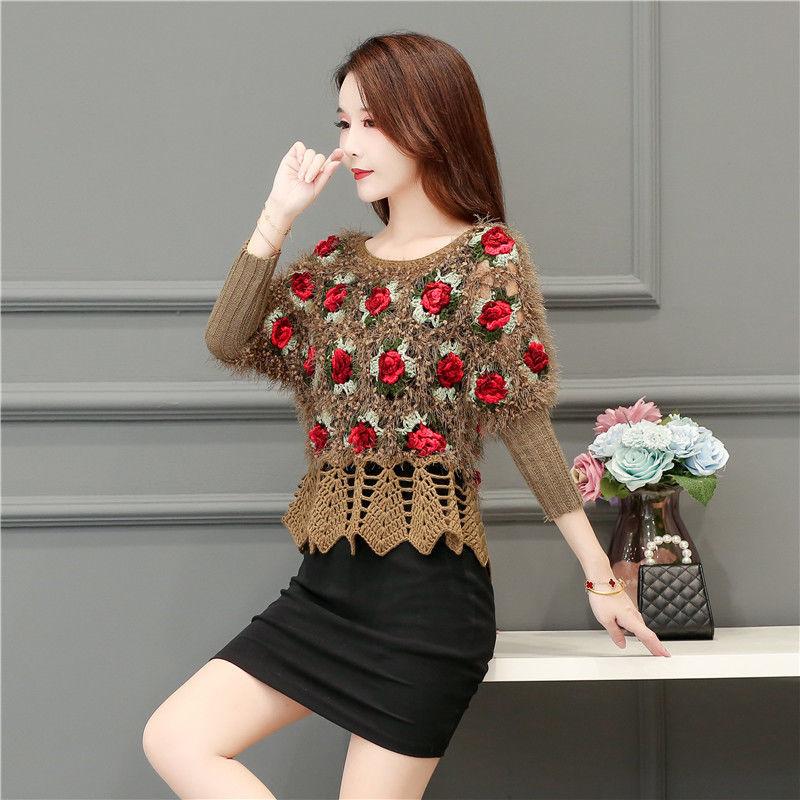 Fall/winter Women Crocheted Knit Jumper Short Pullover Batwing Sweater  Round Neck Mohair Sweater Outwear