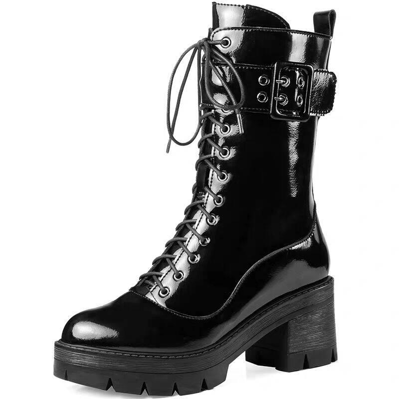 Women Boots Martin High Ankle  Leather Boots High Platform Black Leather Lace Up Thick Bottom