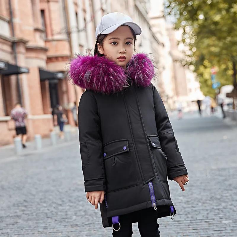 Children's Warm Down Jacket Mid-length Windbreaker Girl Light and Large Fur Collar Coat