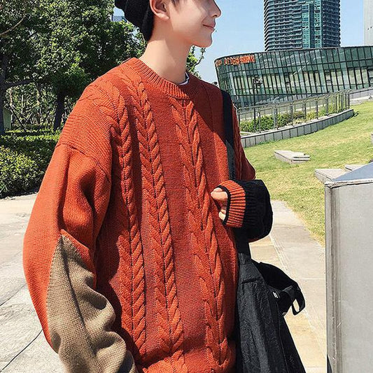 Autumn and Winter Plus Size Men's Knitted Tops Color Matching Long-sleeved Round Neck Sweater Fashion Casual Coat