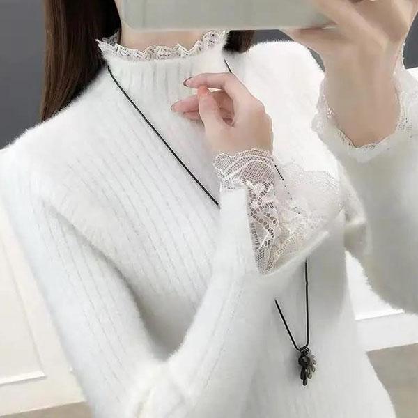 Imitation Mink Sweater Women Fall/winter Half High Neck Lace Stitching Lined Tight-fitting Knitted Bottoming Shirt