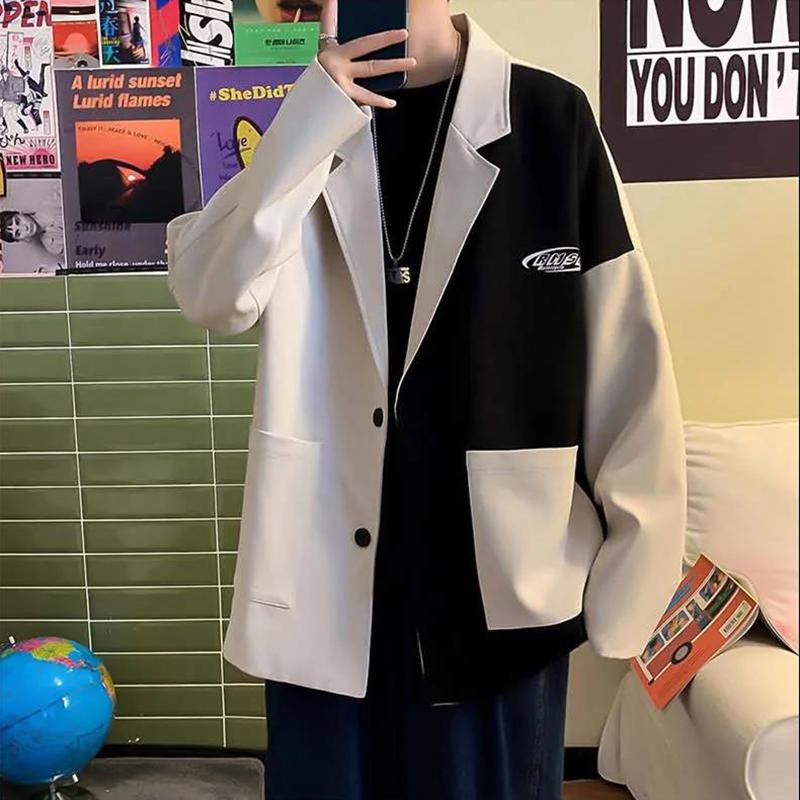 High-quality Contrast Color Stitching British Style Suit Men's Autumn Casual Loose Suit Jacket Long-sleeved Warm Mid-length Windbreaker