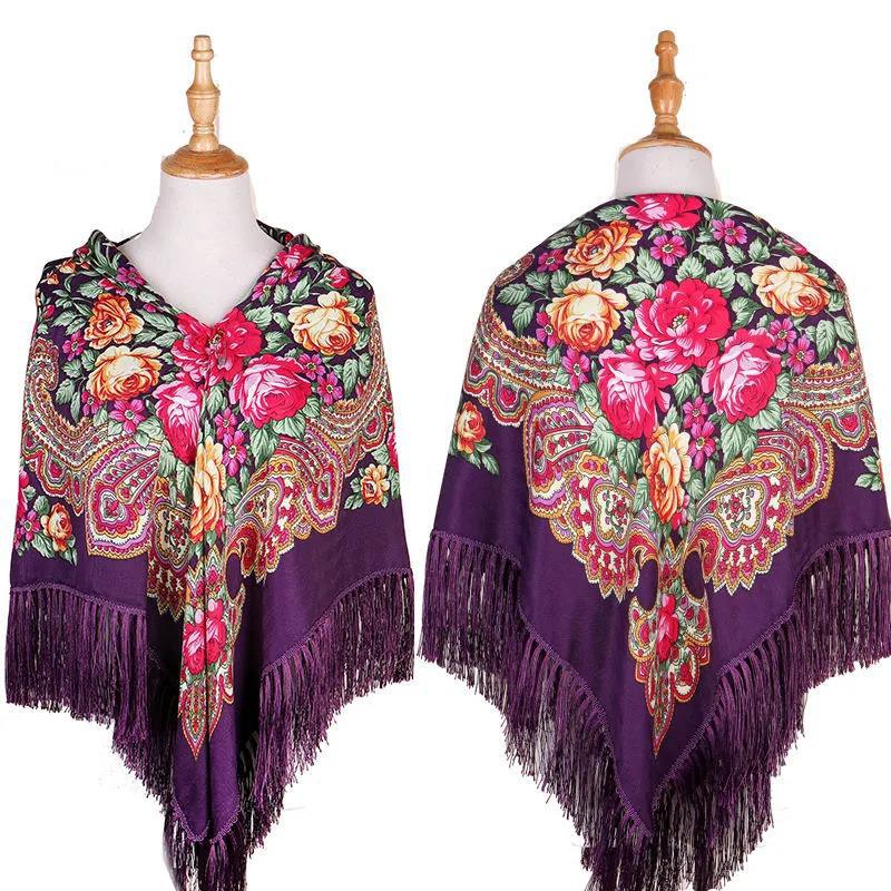 Women's Ethnic Style Square Scarf Printed Shawl Fringed Cotton Scarf Autumn Winter Warm Embroidered Shawl Multifunctional Turban Shawl Scarf 135x135cm